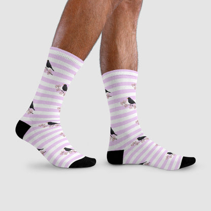 Amsel Socken mit Kirschblüten | Weiß Rosa gestreifte Vogelmotiv Strümpfe – Accessories,