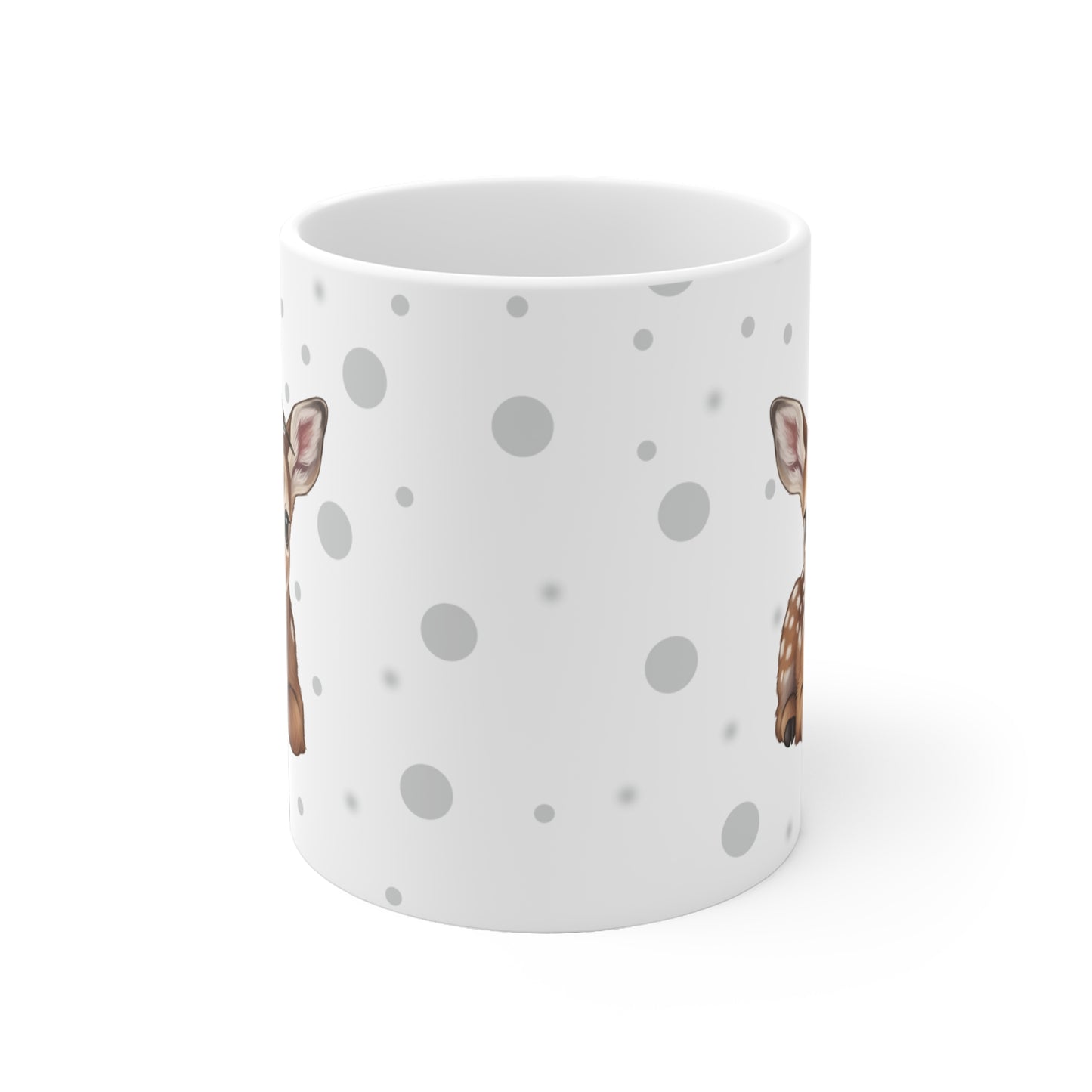 Rehkitz Tasse mit Spatz Tiermotiv Punkte Grau
