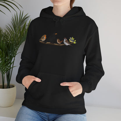 Vögel auf einem Ast Hoodie - Amsel Rotkehlchen Kohlmeise Kapuzenpullover für Vogelbeobachter & Naturliebhaber