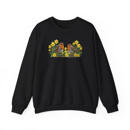 Sweatshirt mit großem Oster-Motiv auf der Brust: Zwei Rotkehlchen initten von gelben Osterglocken.