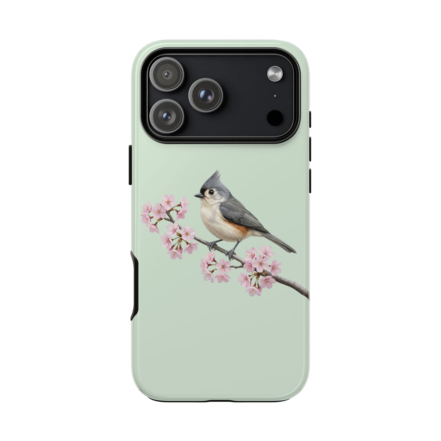 Grauhäubchenmeise Handyhülle in Salbeigrün | Florales Kirschblüten Vogel-Motiv für iPhone & Google Pixel