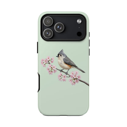 Grauhäubchenmeise Handyhülle in Salbeigrün | Florales Kirschblüten Vogel-Motiv für iPhone & Google Pixel