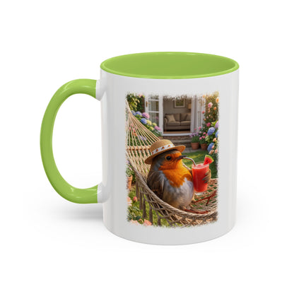 Tasse mit Rotkehlchen Motiv Rosi in der Hängematte für Vogelfreunde