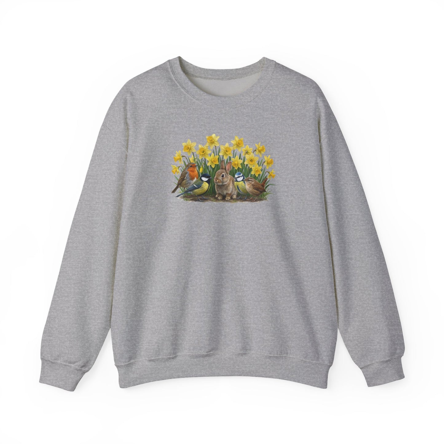 Oster-Sweatshirt Frühlingswiese – Kaninchen & Singvögel in Osterglocken | Unisex Pullover