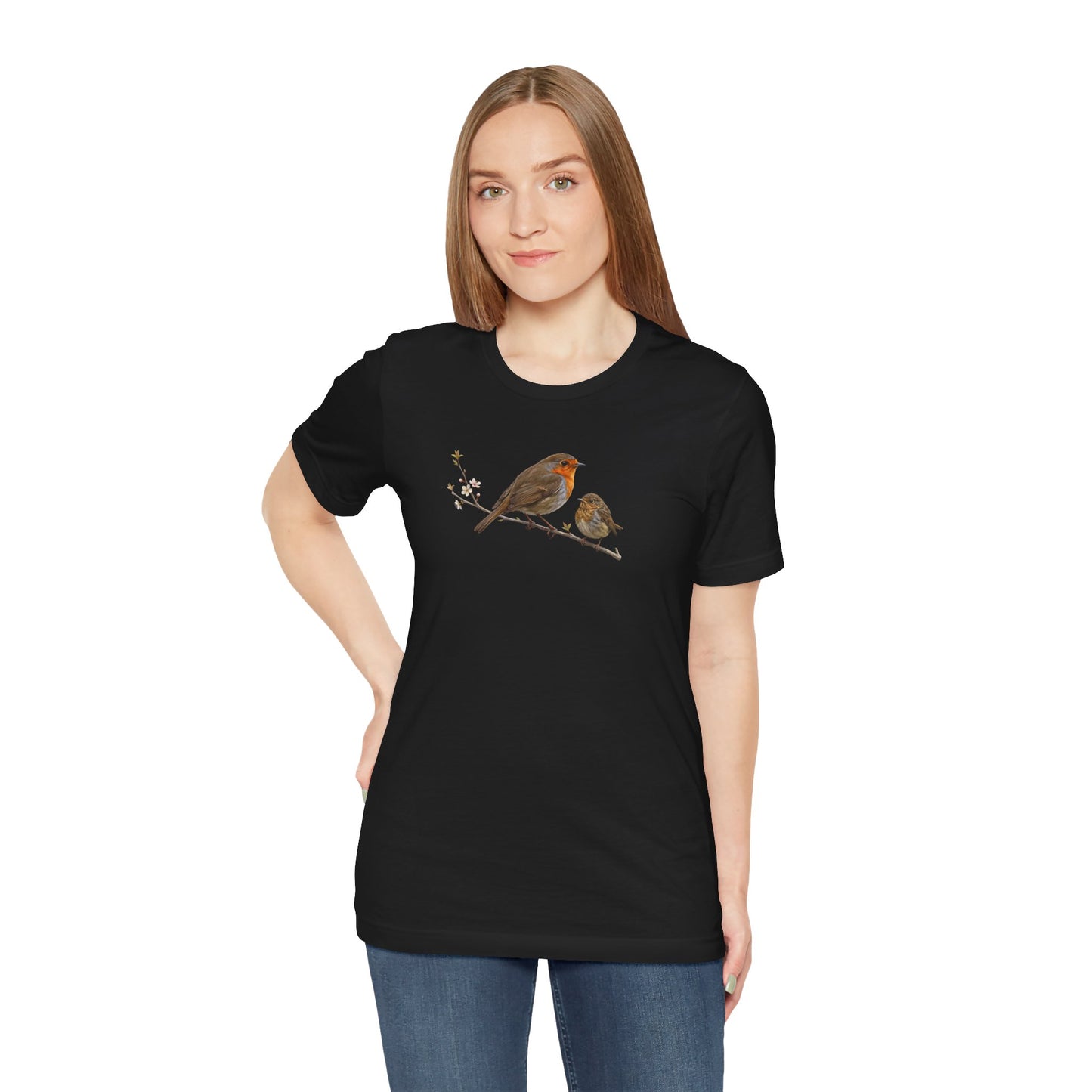 Rotkehlchen & Jungvogel T-Shirt | Frühlingsblüten Vogelmotiv für Vogelbeobachter