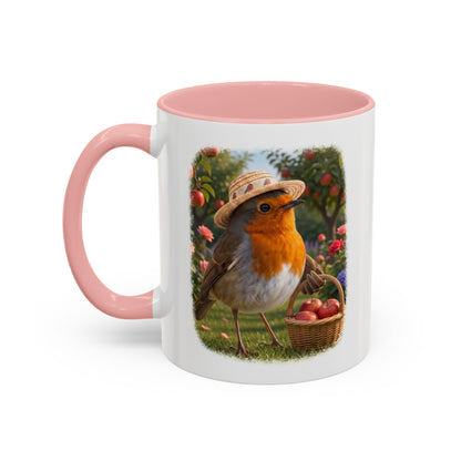 Rosi Rotkehlchen bei der Apfelernte Keramiktasse – Kaffeebecher mit farbigem Henkel