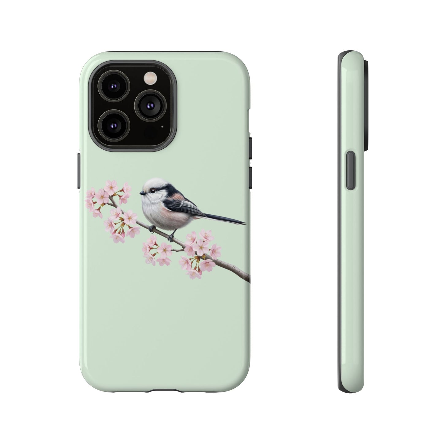Schwanzmeise Handyhülle in Salbeigrün | Florales Kirschblüten Vogel-Motiv für iPhone & Google Pixel