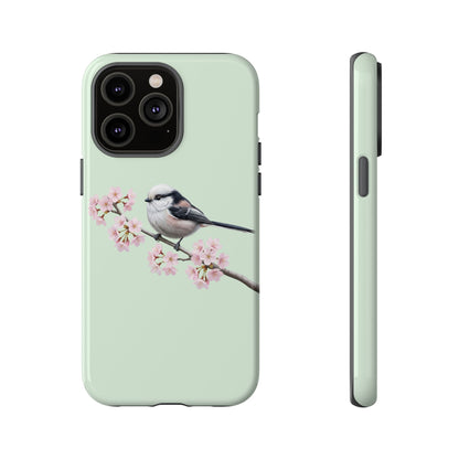 Schwanzmeise Handyhülle in Salbeigrün | Florales Kirschblüten Vogel-Motiv für iPhone & Google Pixel