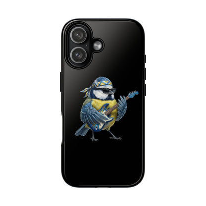 Blaumeise mit Gitarre Premium Handyhülle – Doppelt Geschützt & Rundum Bedruckt Schwarz