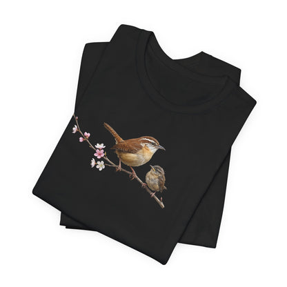 Zaunkönig & Jungvogel T-Shirt | Frühlingsblüten Vogelmotiv für Vogelbeobachter