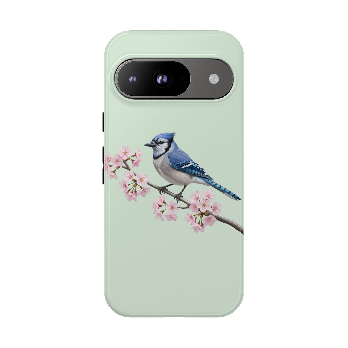 Blauhäher Handyhülle in Salbeigrün | Florales Kirschblüten Vogel-Motiv für iPhone & Google Pixel