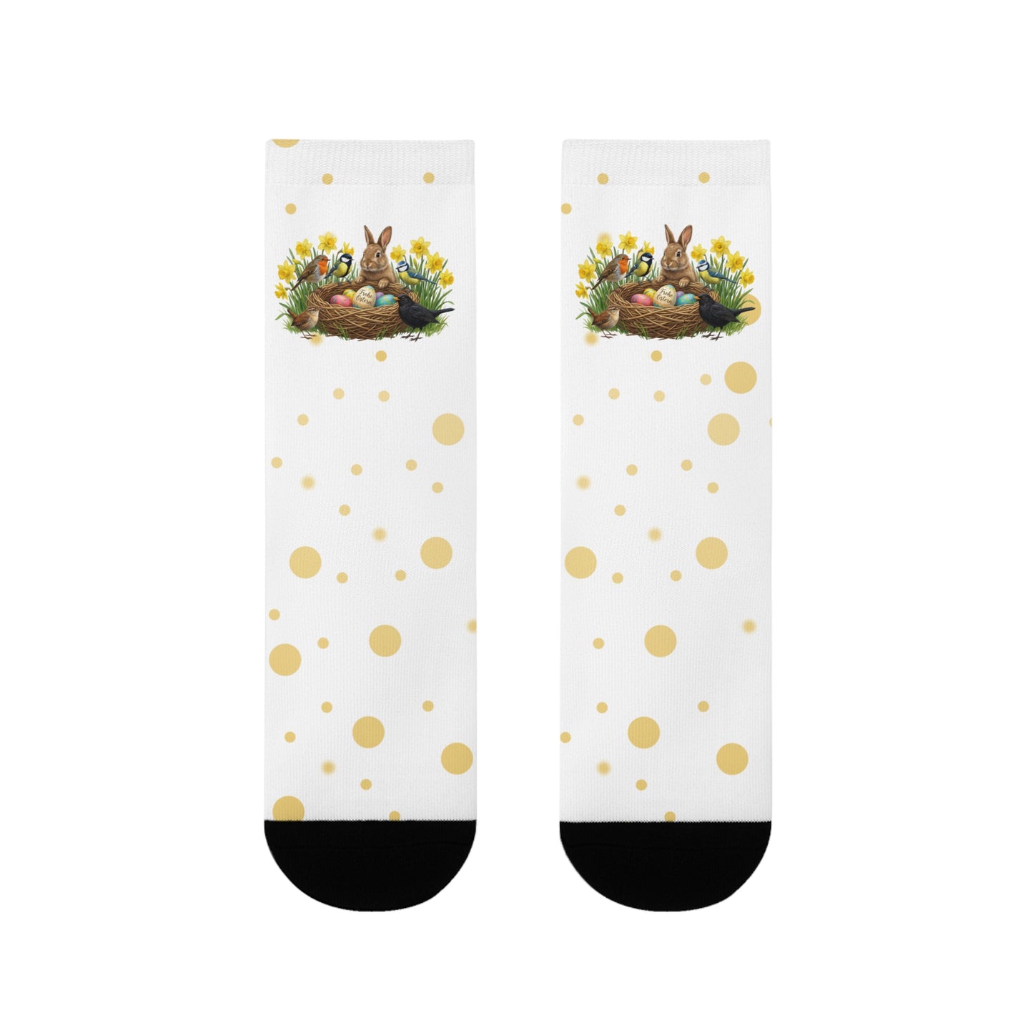 Vogel Socken mit Osterglocken – Kaninchen, Amsel, Rotkehlchen, Meisen & Zaunkönig am Osternest