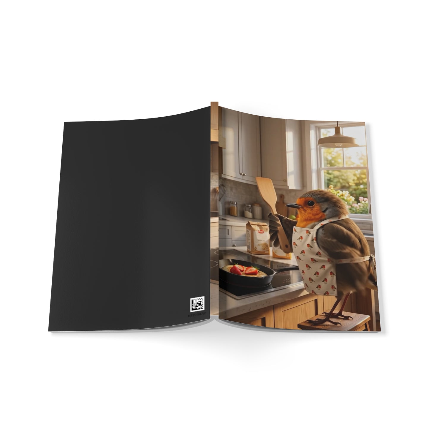 Rosi Rotkehlchen mit Pfannenwender Notizbuch A5 liniert als Rezeptbuch für Hobbyköche und Vogelfreunde