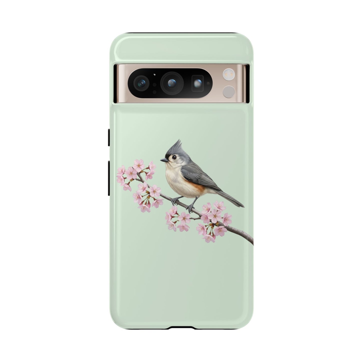 Grauhäubchenmeise Handyhülle in Salbeigrün | Florales Kirschblüten Vogel-Motiv für iPhone & Google Pixel