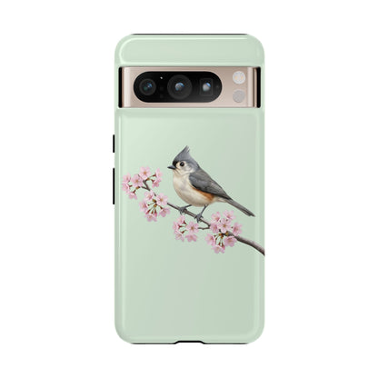Grauhäubchenmeise Handyhülle in Salbeigrün | Florales Kirschblüten Vogel-Motiv für iPhone & Google Pixel