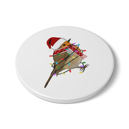 Keramik-Untersetzer Rotkehlchen als Weihnachtsmann mit Lichterkette Weihnachtliches Vogel-Motiv