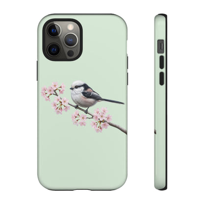 Schwanzmeise Handyhülle – in Salbeigrün | Florales Kirschblüten Vogel-Motiv für iPhone & Google Pixel