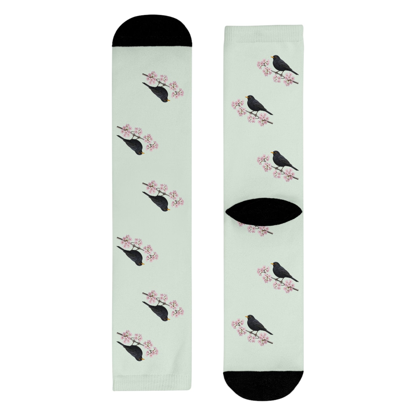 Amsel & Kirschblüten Socken in Salbeigrün | Weiche Baumwollmix-Socken für Naturfreunde