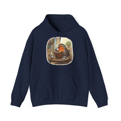 Rotkehlchen liest Bücher und trinkt Kaffee Vogel Hoodie - Kapuzenpullover für Vogelbeobachter mit Vogelmotiv