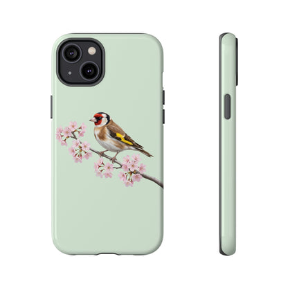 Stieglitz Handyhülle in Salbeigrün | Florales Kirschblüten Vogel-Motiv für iPhone & Google Pixel
