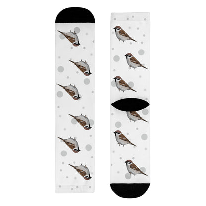 Feldsperling Socken Vogelsocken Weiß mit Grauen Punkten