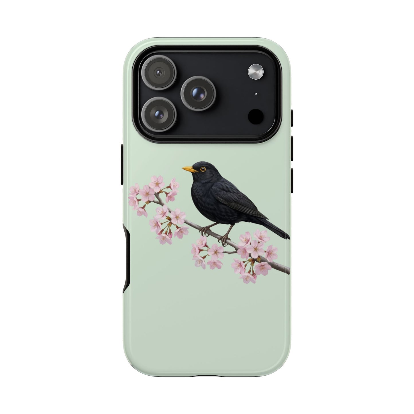 Amsel Handyhülle in Salbeigrün | Florales Kirschblüten Vogel-Motiv für iPhone & Google Pixel