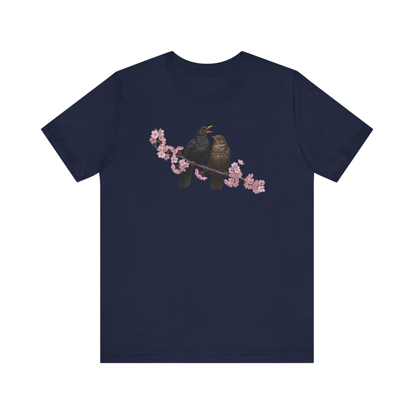 Navy blue t-shirt with a bird and cherry blossom design on a white background