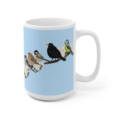 Amsel Rotkehlchen Kohlmeise auf einem Ast mit Apfelblüten im Frühling Vogel Tasse für Vogelfreunde