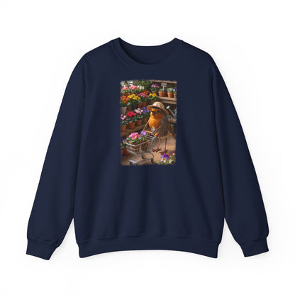 Lustiges Rotkehlchen Sweatshirt mit Blumen-Einkaufswagen | Süßer Vogel Pullover für Pflanzenliebhaber