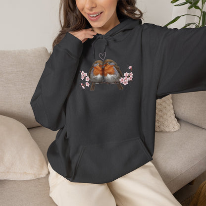 Premium Hoodie Rotkehlchen kuscheln auf einem Ast für Vogelbeoachter | Gemütlicher Unisex Kapuzenpullover