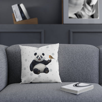 Rotkehlchen mit Panda Vogel Tiermotiv Kissen – Dekokissen mit Vogelmotiv Weiß mit grauen Punkten