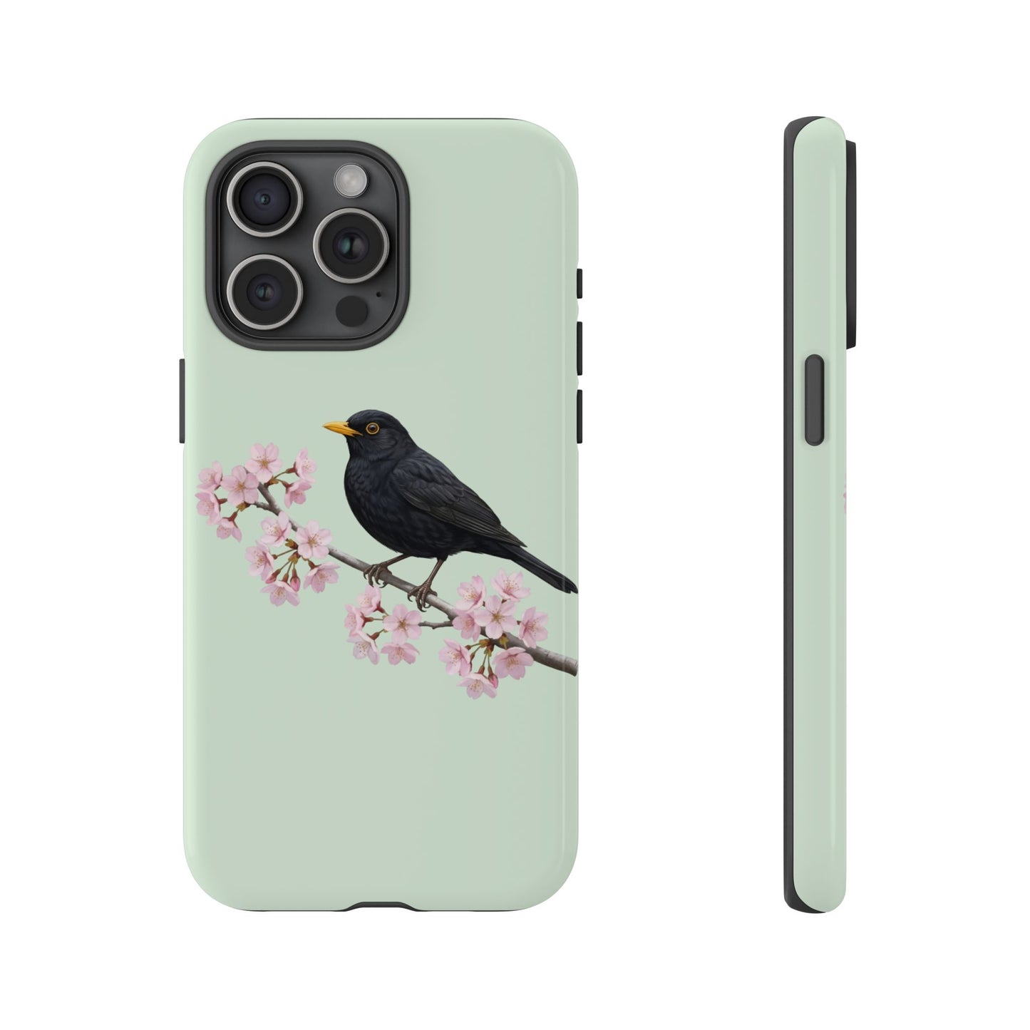 Amsel Handyhülle in Salbeigrün | Florales Kirschblüten Vogel-Motiv für iPhone & Google Pixel