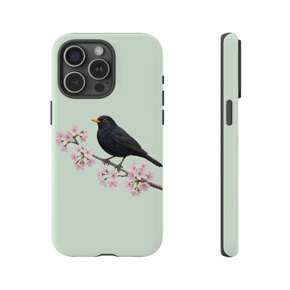 Amsel Handyhülle in Salbeigrün | Florales Kirschblüten Vogel-Motiv für iPhone & Google Pixel