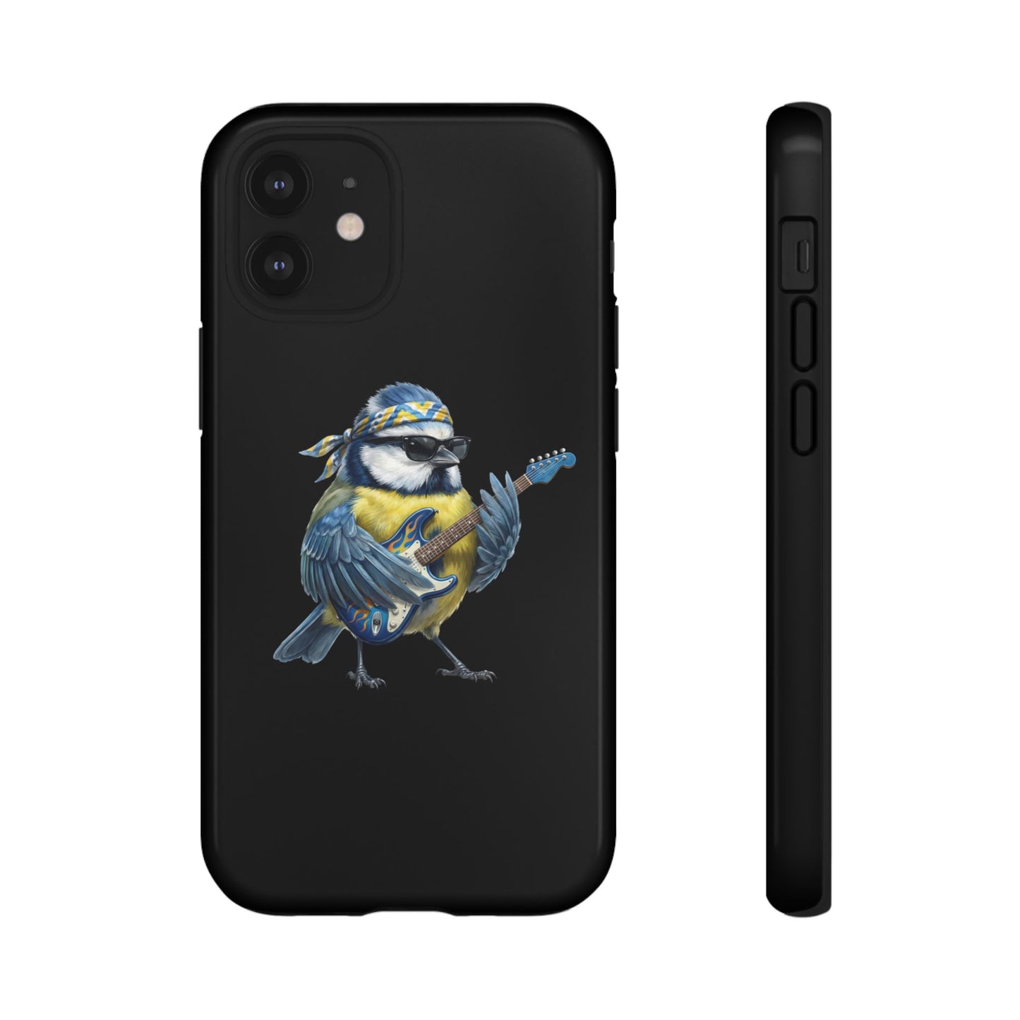Blaumeise mit Gitarre Premium Handyhülle – Doppelt Geschützt & Rundum Bedruckt Schwarz