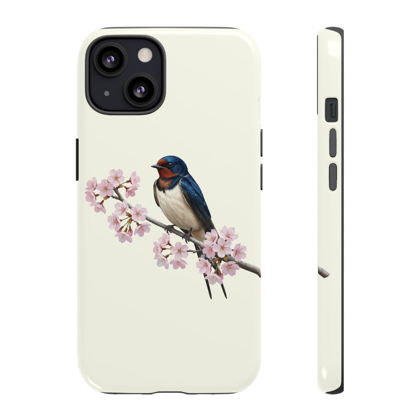 Rauchschwalbe Handyhülle in Cremeweiß | Florales Kirschblüten Vogel-Motiv für iPhone & Google Pixel – animal lover,