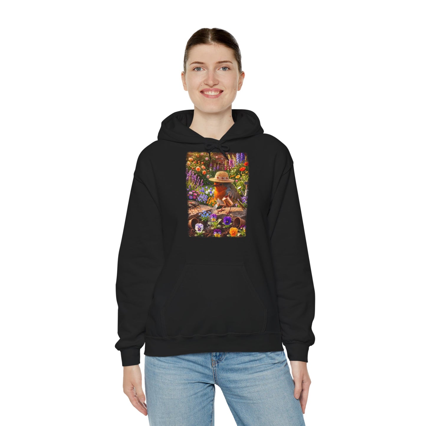 Niedlicher Rotkehlchen Hoodie beim Blumen gießen | Gemütlicher Garten-Kapuzenpullover