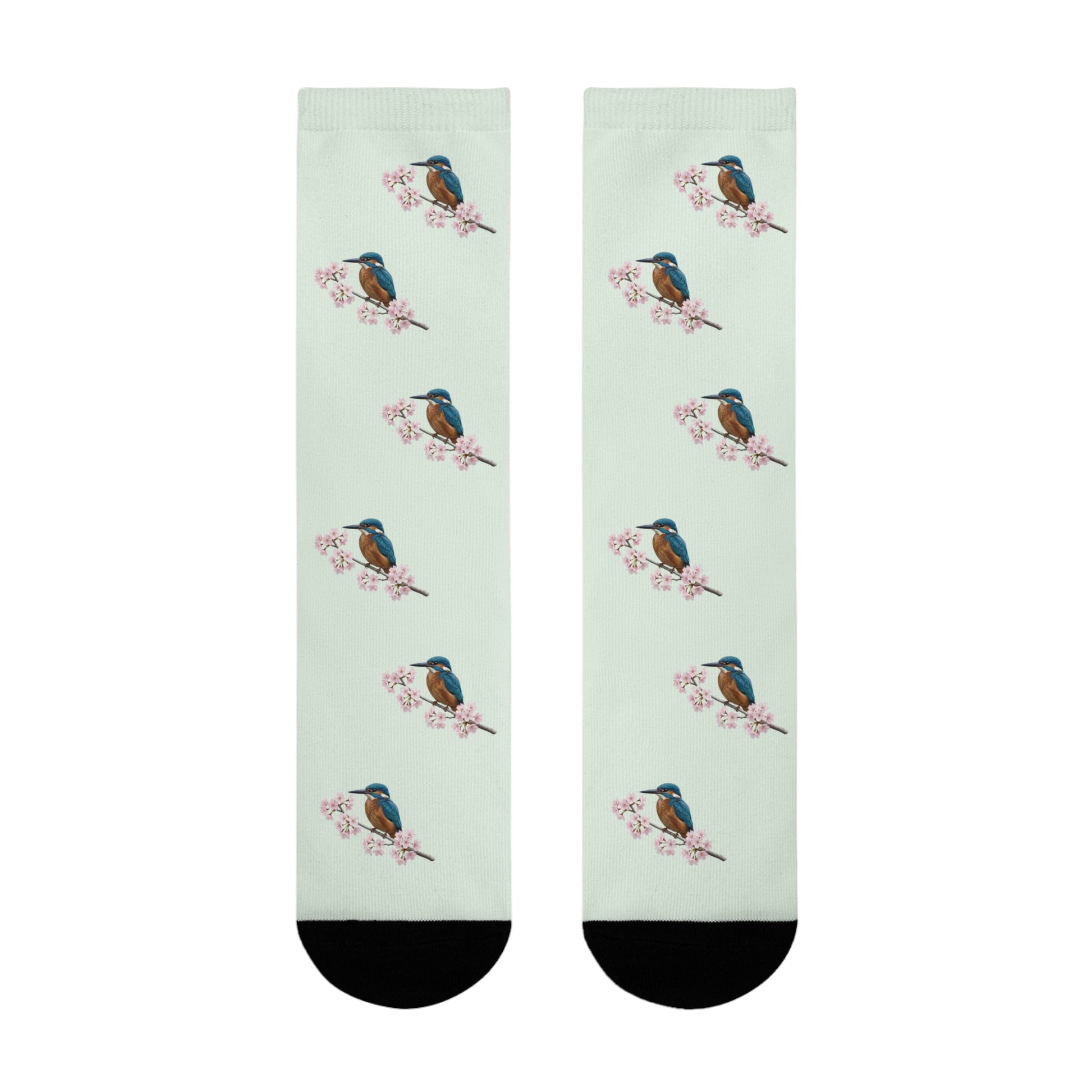 Eisvogel & Kirschblüten Socken in Salbeigrün | Weiche Baumwollmix-Socken für Naturfreunde – Accessories,