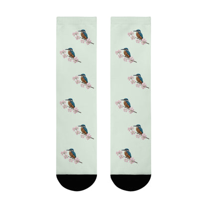 Eisvogel & Kirschblüten Socken in Salbeigrün | Weiche Baumwollmix-Socken für Naturfreunde – Accessories,