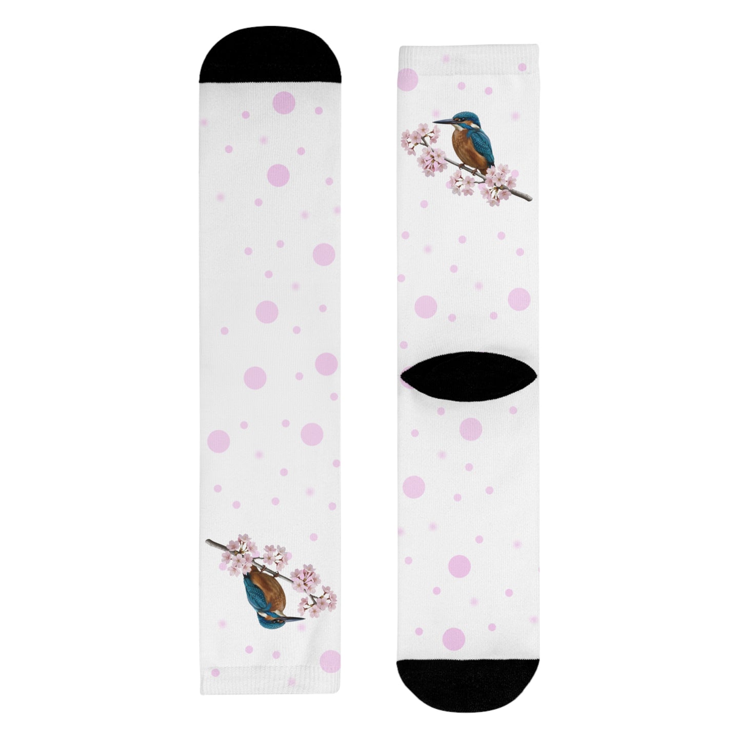Eisvogel Socken – mit Kirschblüten | Weiß Rosa gepunktete Vogelmotiv Strümpfe