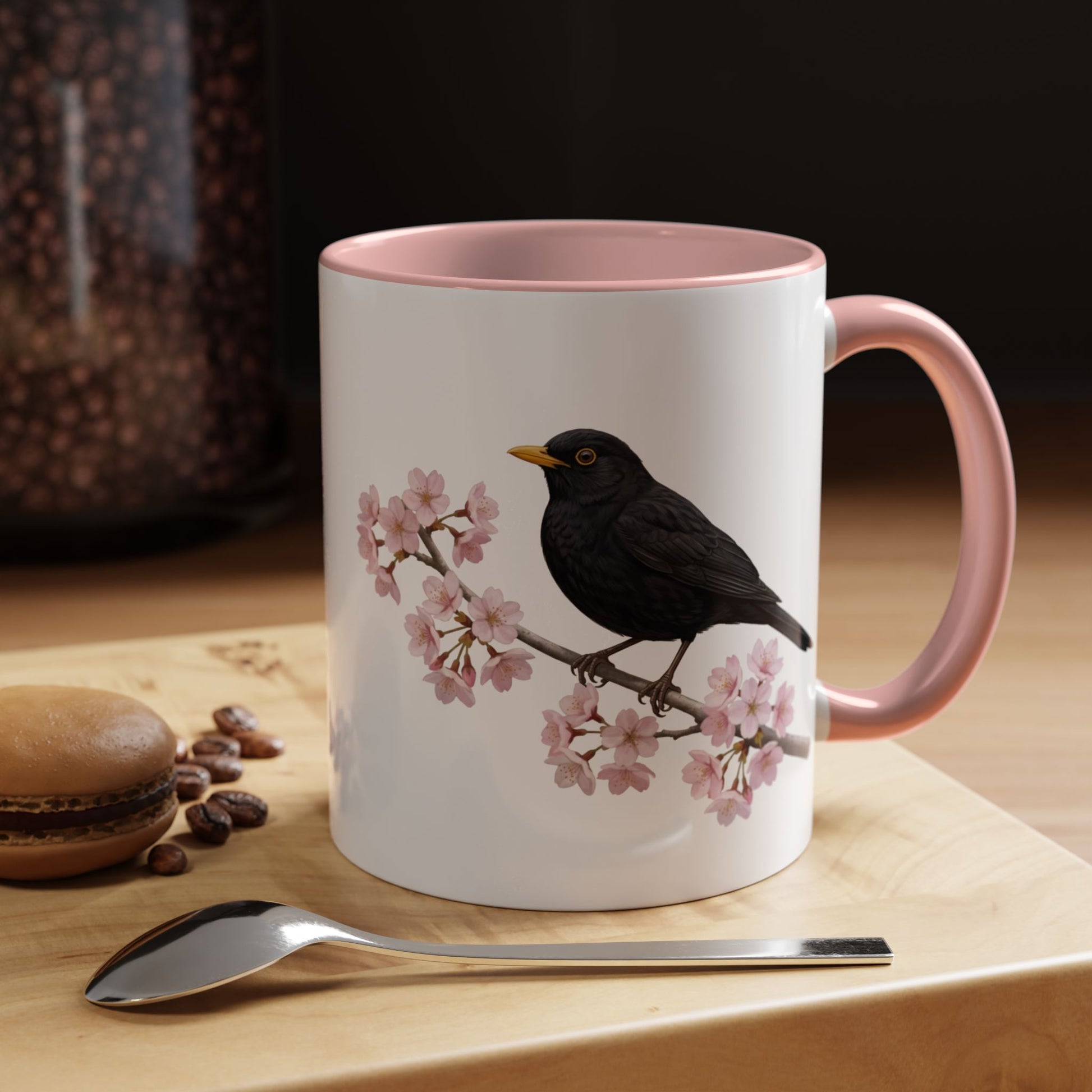 Amsel Tasse mit Kirschblüten | Rosa Keramiktasse für Vogelfreunde – Accent Coffee Mug,