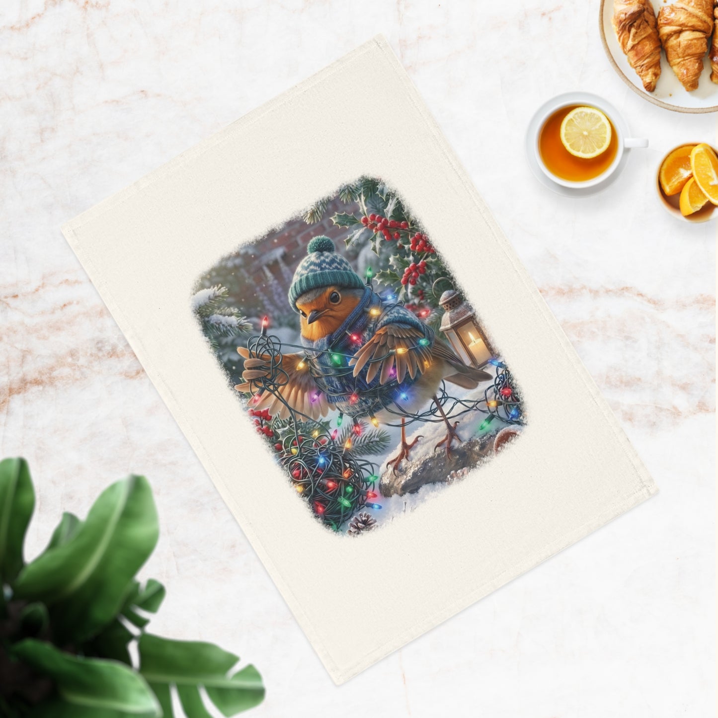 Premium Geschirrtuch Rosi Rotkehlchen und die Lichterkette (50 x 70 cm)