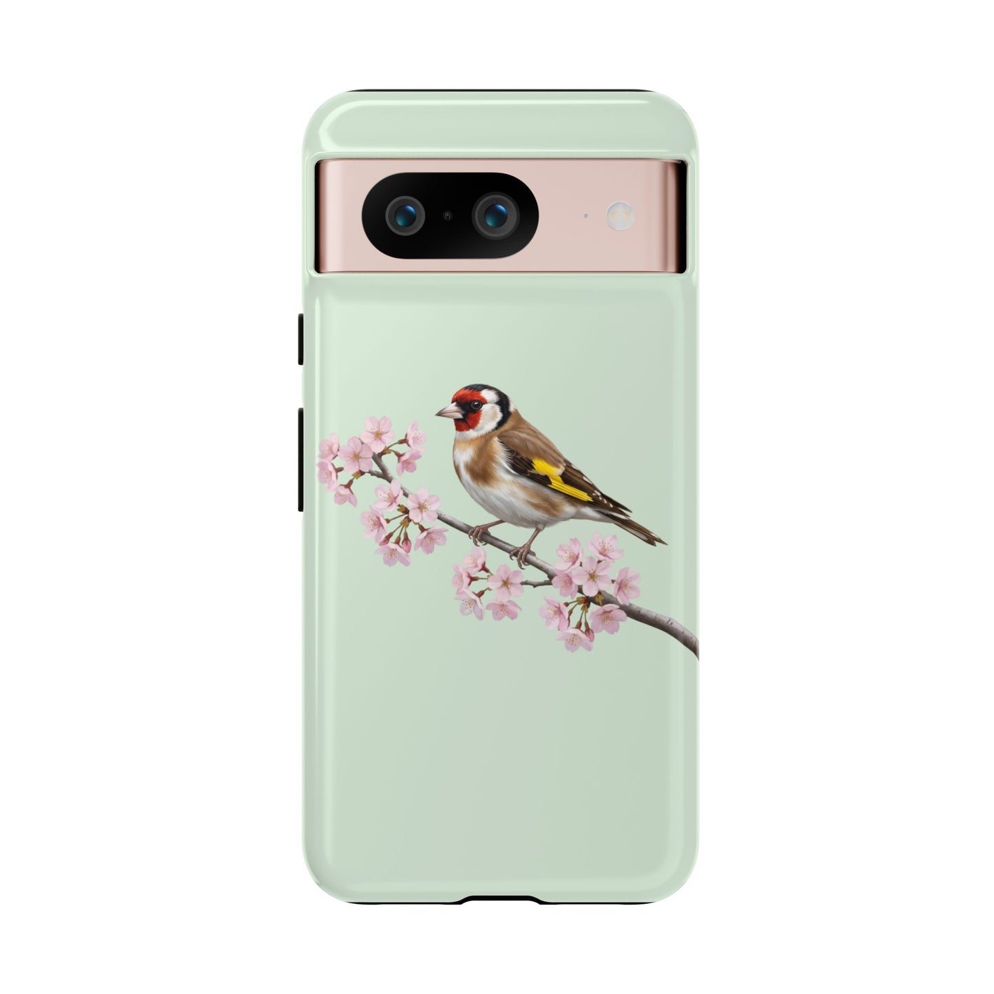 Stieglitz Handyhülle in Salbeigrün | Florales Kirschblüten Vogel-Motiv für iPhone & Google Pixel
