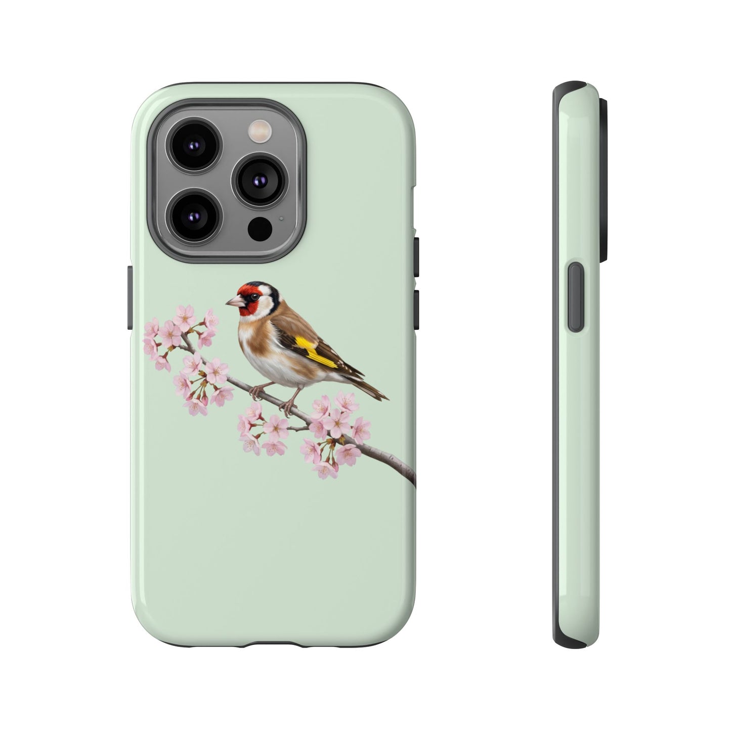 Stieglitz Handyhülle in Salbeigrün | Florales Kirschblüten Vogel-Motiv für iPhone & Google Pixel