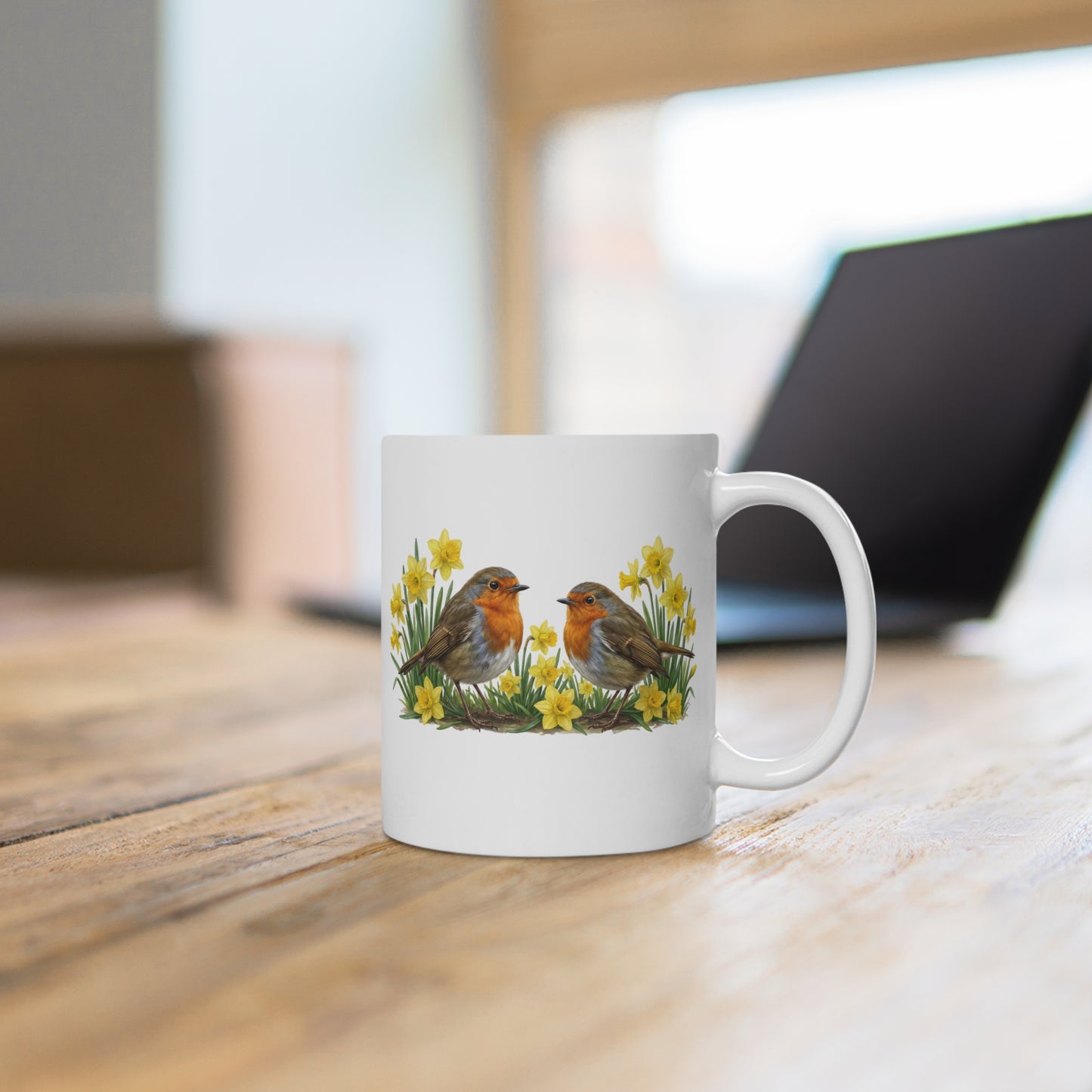 Rotkehlchen mit Osterglocken Tasse - Oster-Geschenk für Vogelfreunde mit Frühlingsdesign