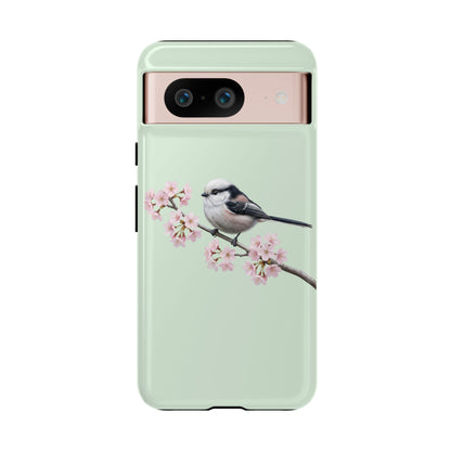 Schwanzmeise Handyhülle in Salbeigrün | Florales Kirschblüten Vogel-Motiv für iPhone & Google Pixel