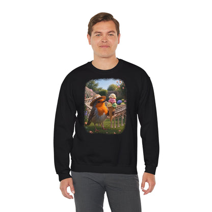 Premium Sweatshirt Rosi Rotkehlchen und das Riesen-Eis im Garten (Unisex)