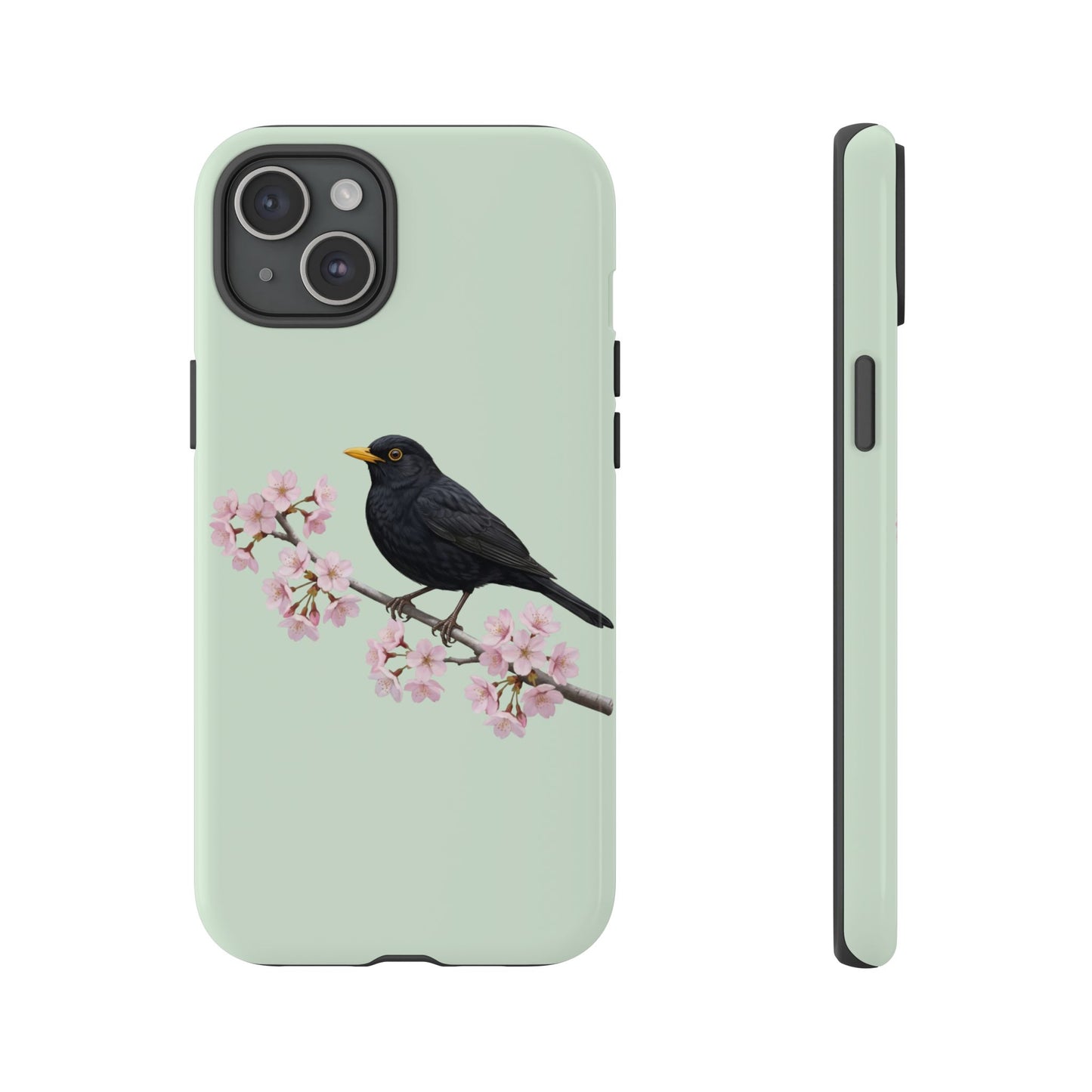 Amsel Handyhülle in Salbeigrün | Florales Kirschblüten Vogel-Motiv für iPhone & Google Pixel