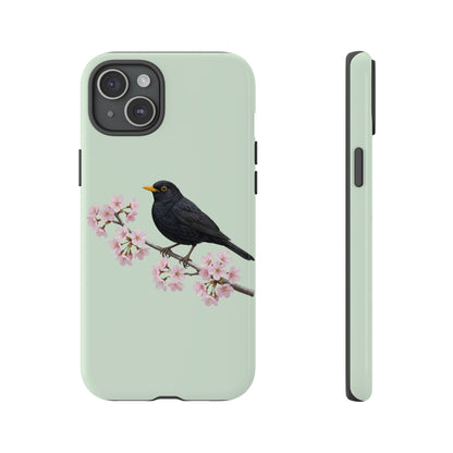 Amsel Handyhülle in Salbeigrün | Florales Kirschblüten Vogel-Motiv für iPhone & Google Pixel
