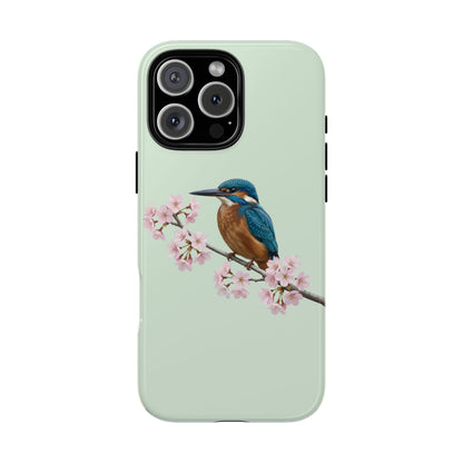 Eisvogel Handyhülle in Salbeigrün | Florales Kirschblüten Vogel-Motiv für iPhone & Google Pixel