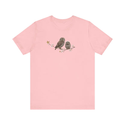 Eule Steinkauz & Jungvogel T-Shirt | Frühlingsblüten Vogelmotiv für Vogelbeobachter